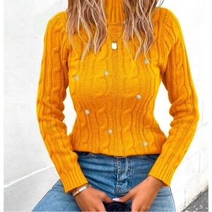 Slim rhinestone yellow cable-knit sweater/longsleeve top🇮🇹